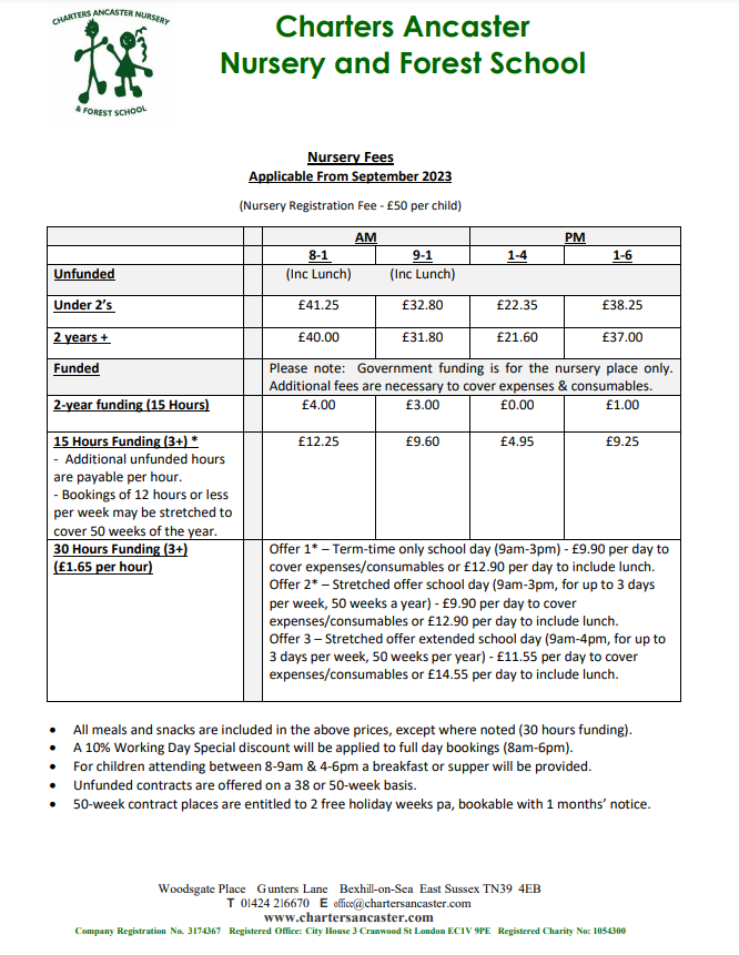Nursery Fees Nursery & Forest School in Bexhill Charters Ancaster
